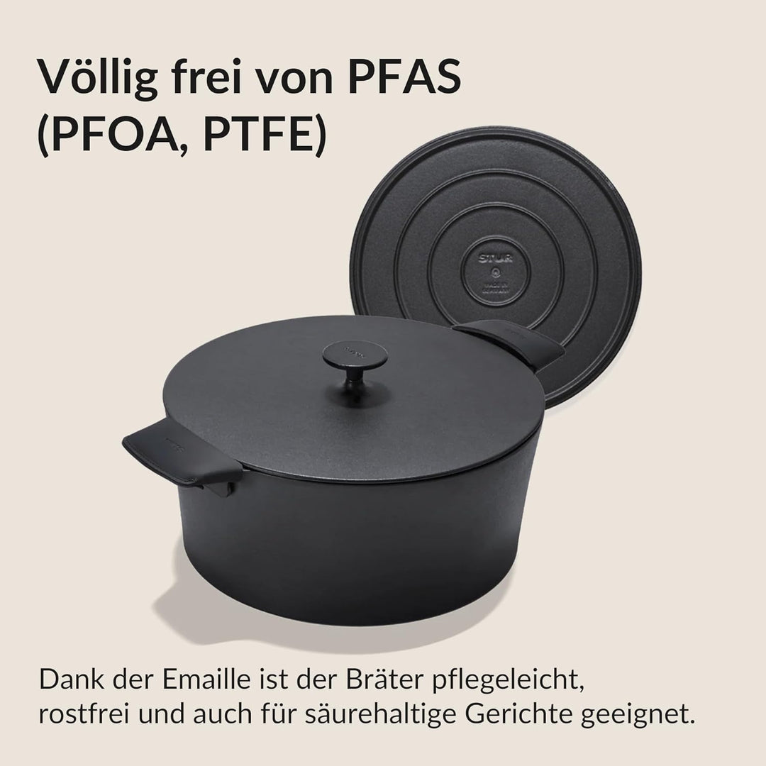 STUR Gusseisenbräter 28 cm – emaillierter Schmortopf aus Gusseisen mit 7 Litern Volumen + Deckel – G