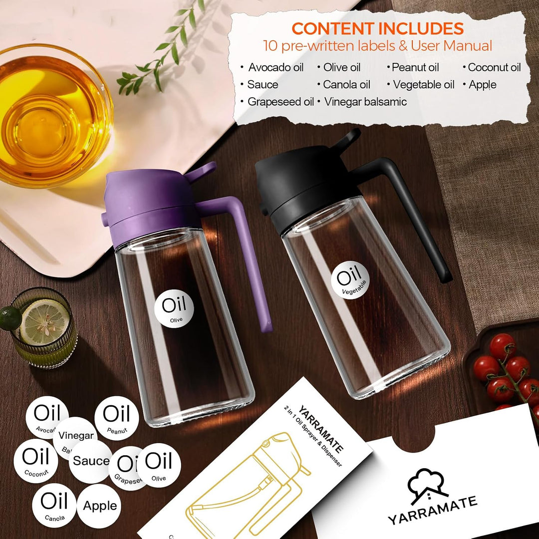 YARRAMATE 2 Stück 2 in 1 Ölsprüher für speiseöl, 470ml Öl Sprühflasche lebensmittelecht, Ölspray zum