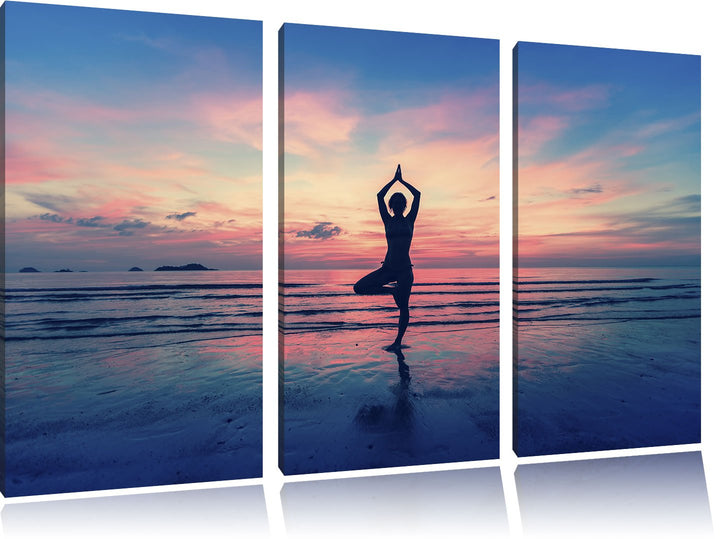 Pixxprint Yoga am Strand 3-Teiler Leinwandbild 120x80 Bild auf Leinwand