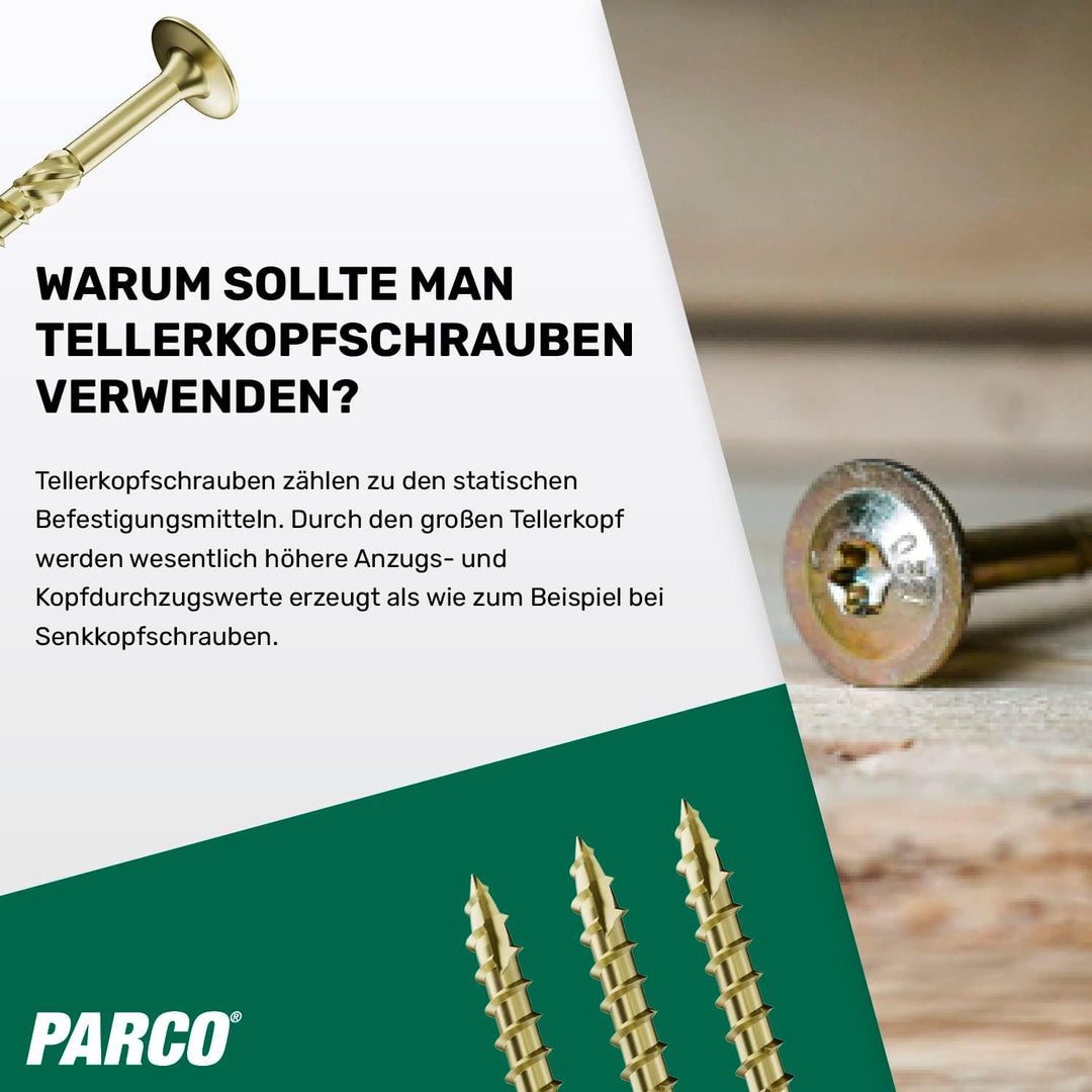 PARCO Tellerkopfschrauben 8,0 x 340 mm, 50 Stück, TX40 Verzinkt, CUT-Spitze, Holzbauschrauben für Ko