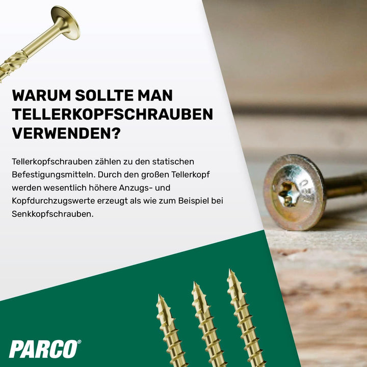 PARCO Tellerkopfschrauben 8,0 x 340 mm, 50 Stück, TX40 Verzinkt, CUT-Spitze, Holzbauschrauben für Ko