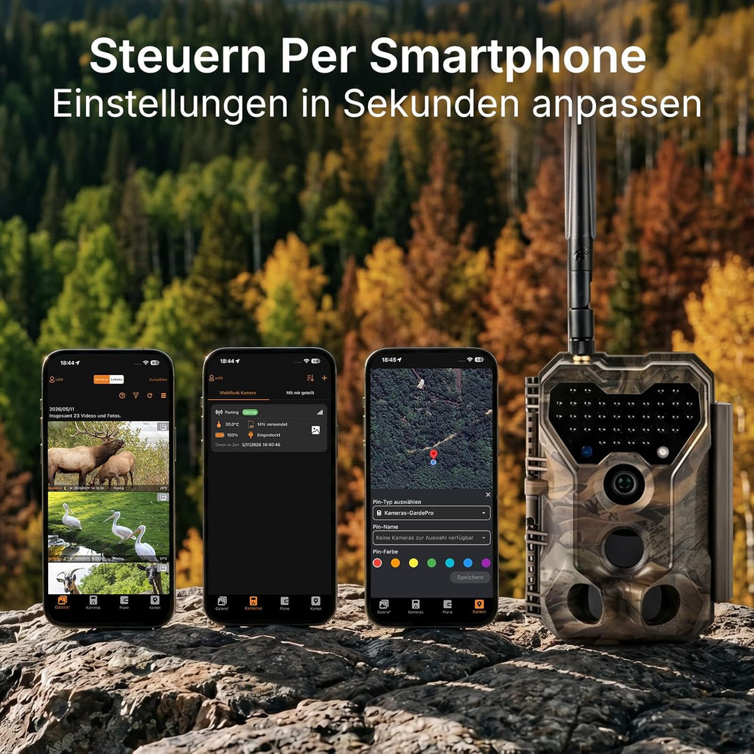 GardePro X70 Pro 4G LTE Wildkamera mit Live-Streaming, Wiederaufladbare 8000mAh Akku mit 64GB SD Kar