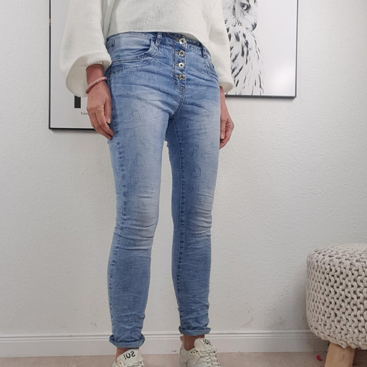 Jewelly Damen Boyfriend Stretch Jeans| Denim Hose für Frauen| 5-Pocket Bagggy Pants S Denim Heart, S