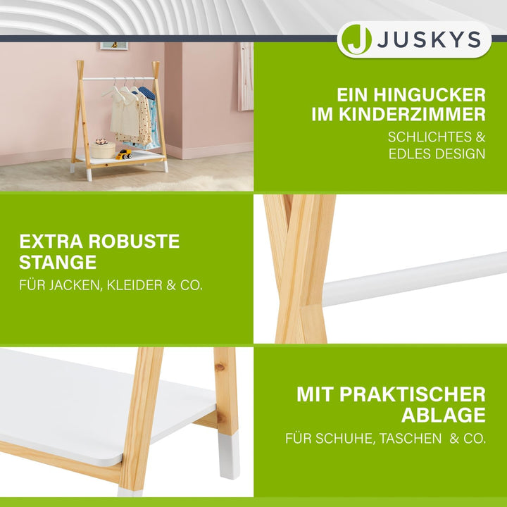 Juskys Kinder Kleiderständer Heidy mit Ablage & Kleiderstange - Holz Kindergarderobe modern, offen &