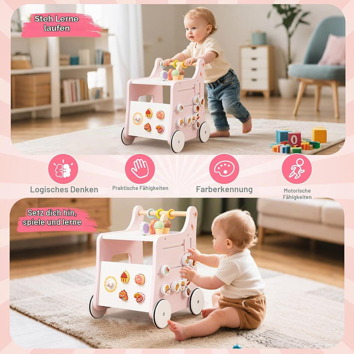 DREAMADE Lauflernwagen Holz, 6-in-1 hölzerne Lauflernhilfe, Baby Walker mit Blöcken &amp; Zubehör, Lernl