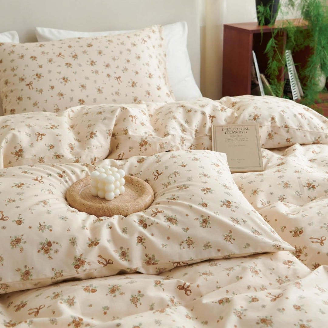 Tospass Baumwolle Bettwäsche Set 135x200cm Beige Khaki Grün Blumen Floral Schleife Mädchen Wendebett