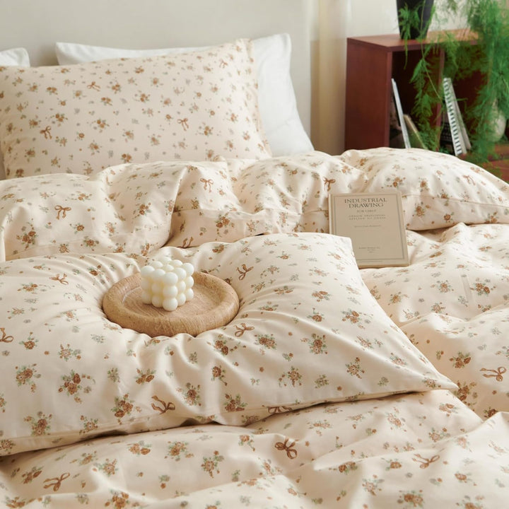 Tospass Baumwolle Bettwäsche Set 135x200cm Beige Khaki Grün Blumen Floral Schleife Mädchen Wendebett