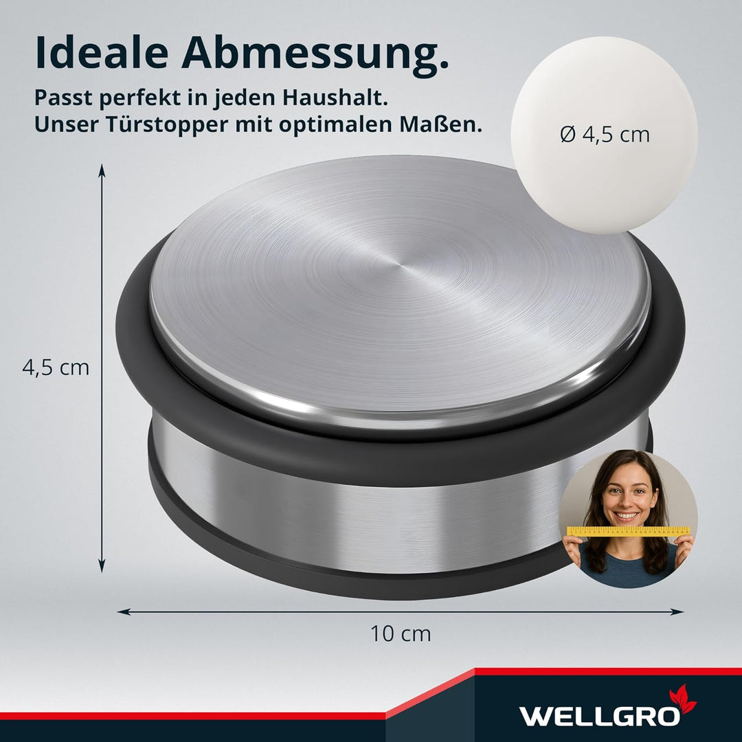WELLGRO Edelstahl Türstopper 1,2 kg + Wand Türstopper, ohne Bohren, 10 x 4,5 cm (ØxH), rutschfester