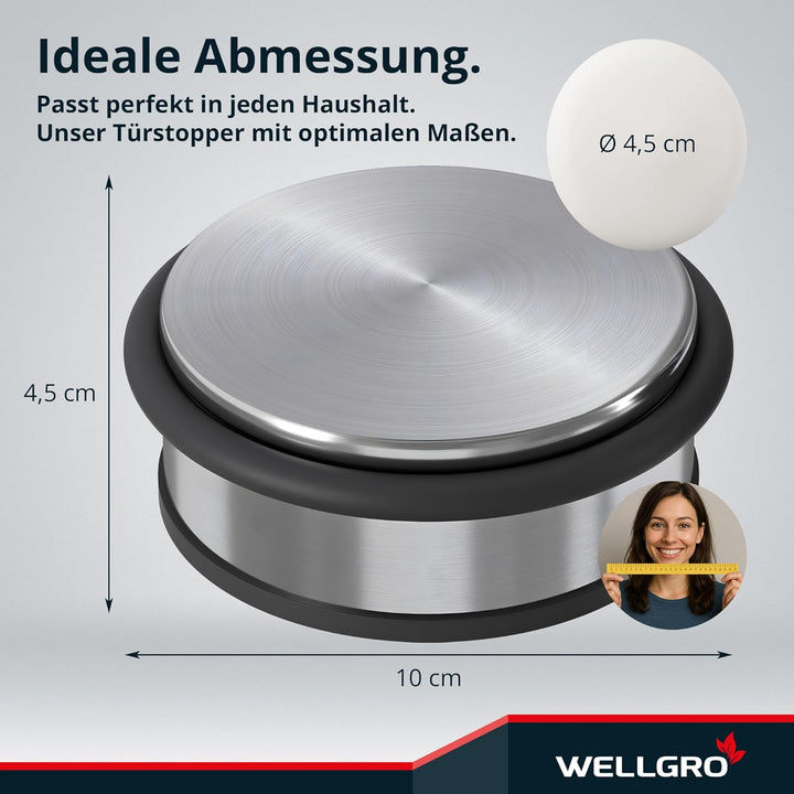 WELLGRO Edelstahl Türstopper 1,2 kg + Wand Türstopper, ohne Bohren, 10 x 4,5 cm (ØxH), rutschfester