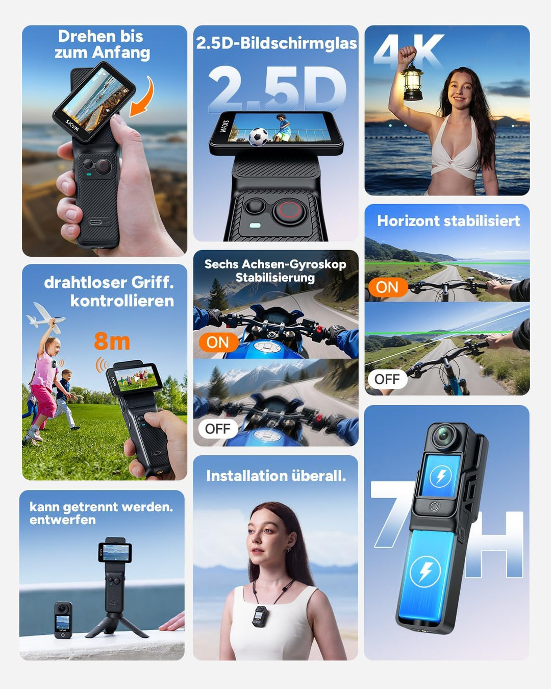 SJCAM C400 4K Vlog Kamera,7h Akku,Wasserdicht | 6-Achsen-Bildstabilisierung,2,29" Dreh-Touchscreen U