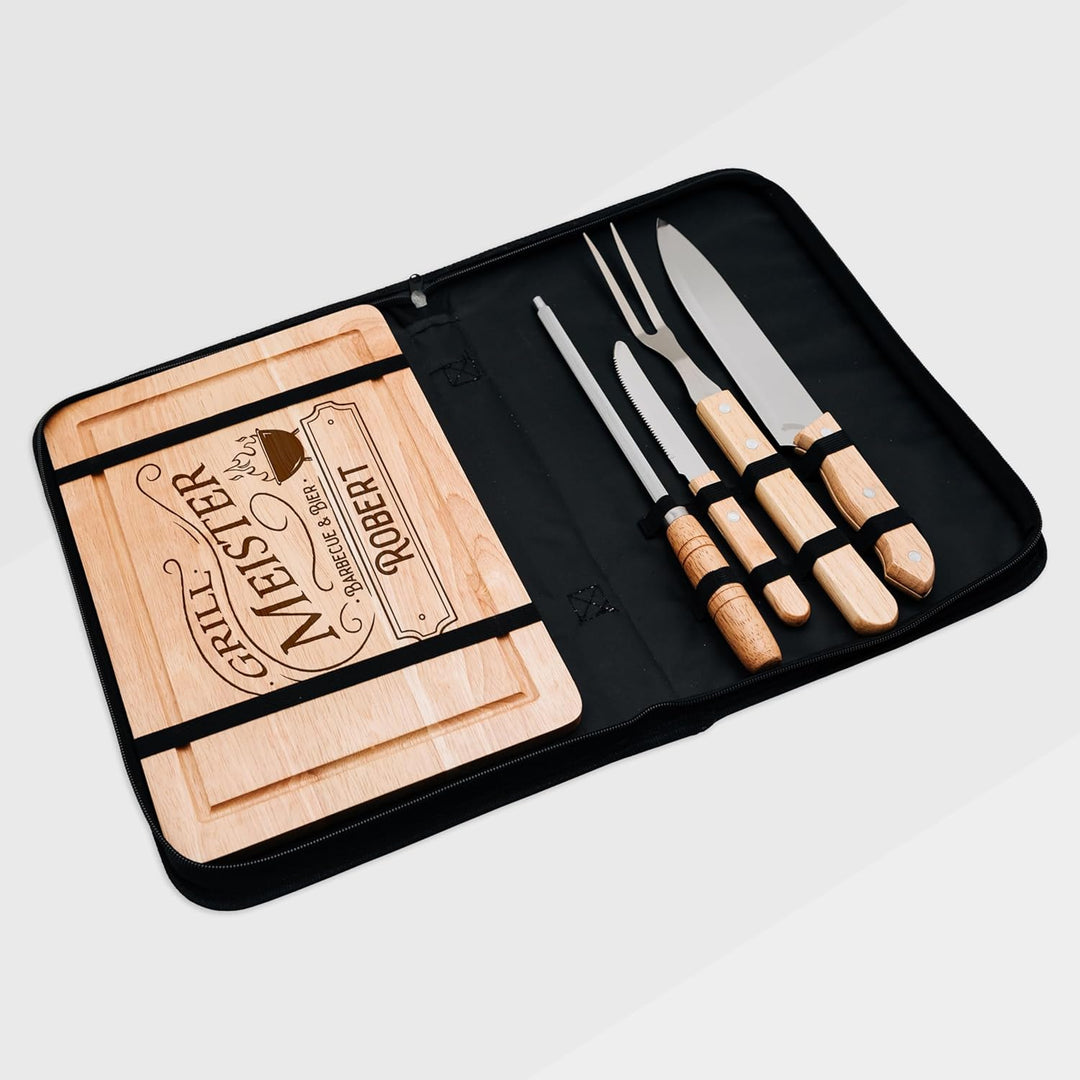 Grillset mit Messer im Messerset, Grillen Geschenk, Grill Accessories, Grillbrett, Geschenke für Män