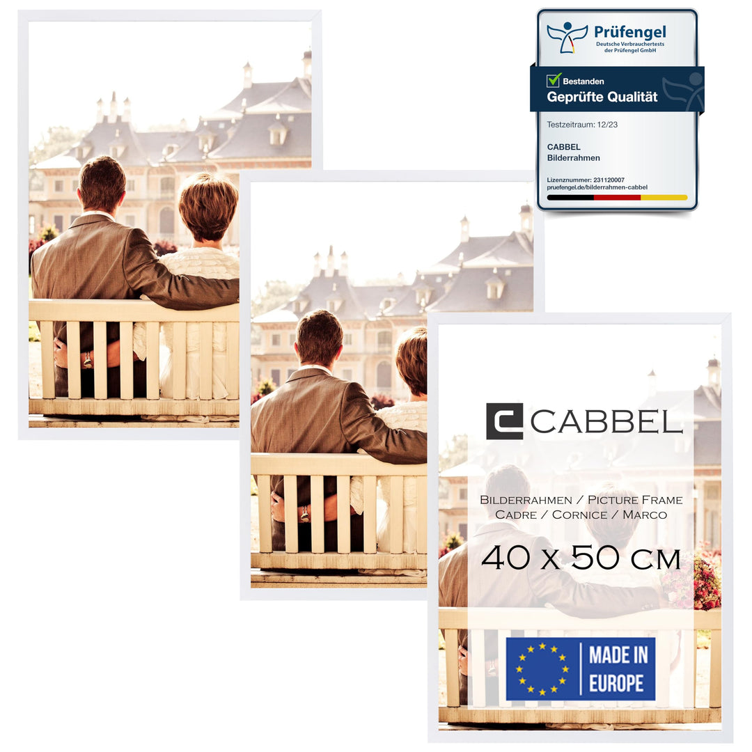 CABBEL Dreierpack (3 Stk.) Bilderrahmen 40x50 cm MDF Holz-Rahmen in Weiss | mit bruchsicherem Plexi-