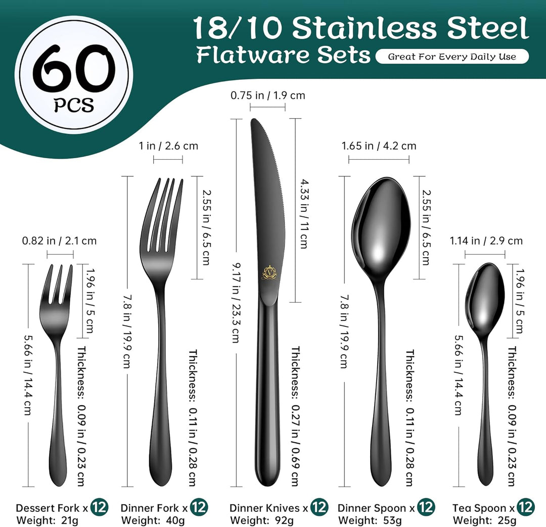 vancasso Besteck Schwarz 60-Teilig, Besteck Set für 12 Personen, 18/10 Edelstahl Besteckset mit Mess