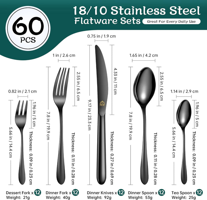 vancasso Besteck Schwarz 60-Teilig, Besteck Set für 12 Personen, 18/10 Edelstahl Besteckset mit Mess