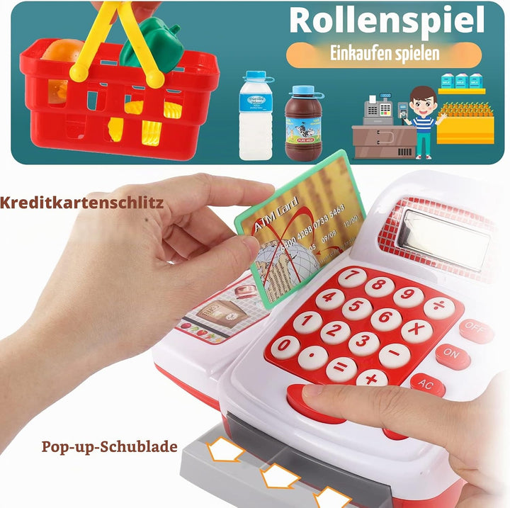 TOEY PLAY Kasse Kaufladen Kinder, Kinderkasse mit Scanner und Sound Mikrofon, Kasse Spielzeug, Kaufl