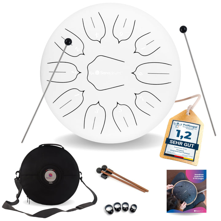 Sonodrum Zungentrommel "Standard" D - Dur in Weiss - 30 cm gross mit 11 Tönen - Steel Tongue Drum in