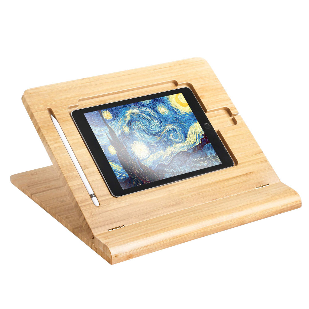 ELETIUO Tablet-Ständer, verstellbar, faltbar, mehrere Winkel, Bambusholz, Organizer, Schreibtischhal