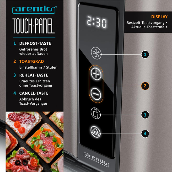 Arendo - Edelstahl Toaster Langschlitz 4 Scheiben- Touchscreen – Doppelwandgehäuse – 1500 W – Integr
