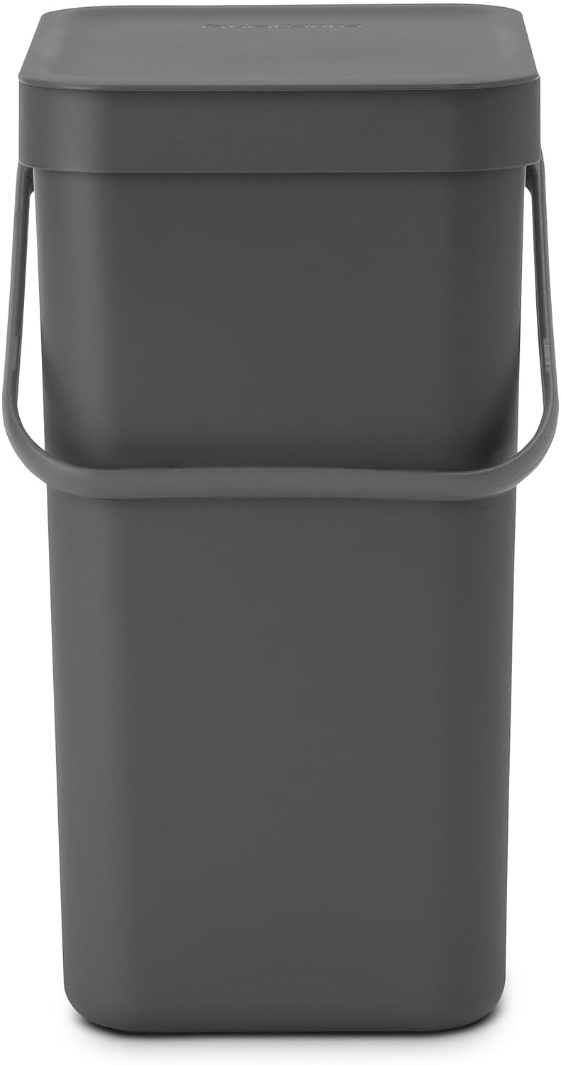 Brabantia Sort & Go Küchen-Recyclingbehälter (12 l/grau), stapelbarer Abfallbehälter mit Griff und a