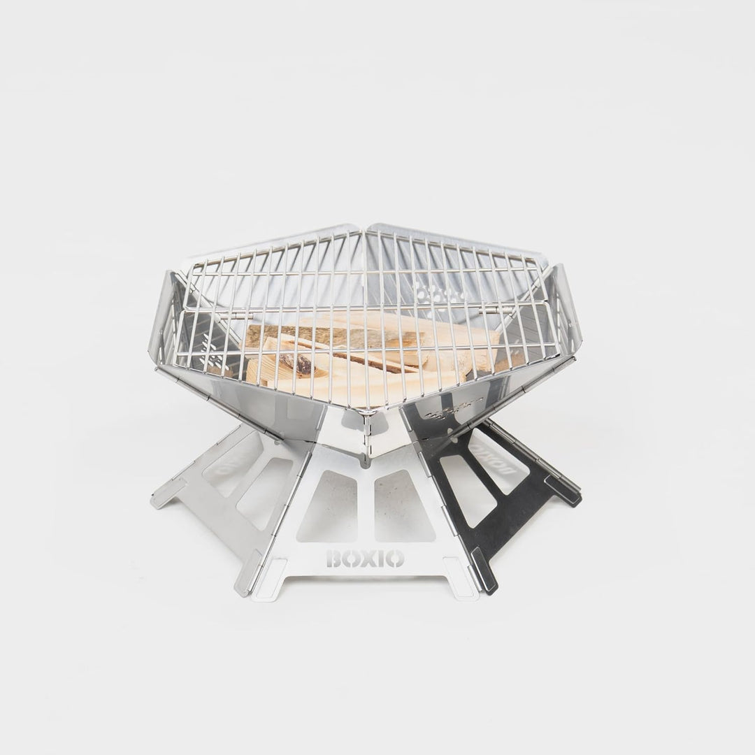 BOXIO - FIRE: Edelstahl Feuerschale mit Grillrost - Oktagon Feuerstelle Outdoor & Camping Grill, Kle