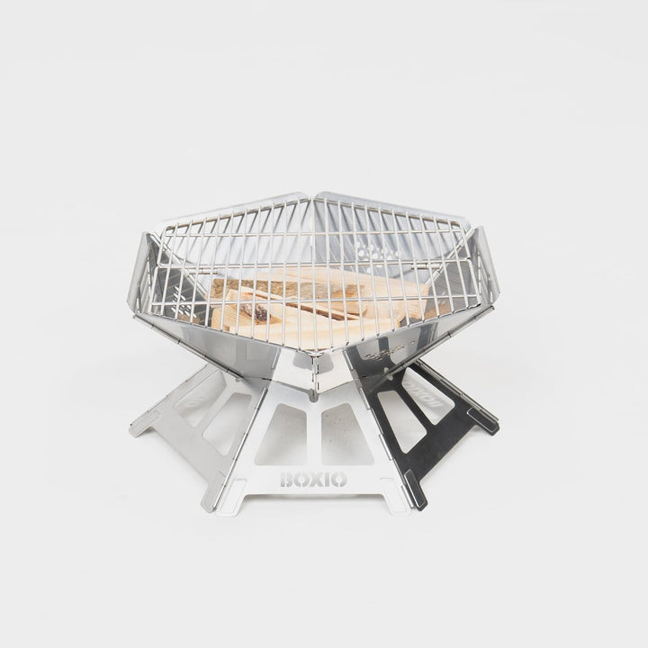 BOXIO - FIRE: Edelstahl Feuerschale mit Grillrost - Oktagon Feuerstelle Outdoor & Camping Grill, Kle