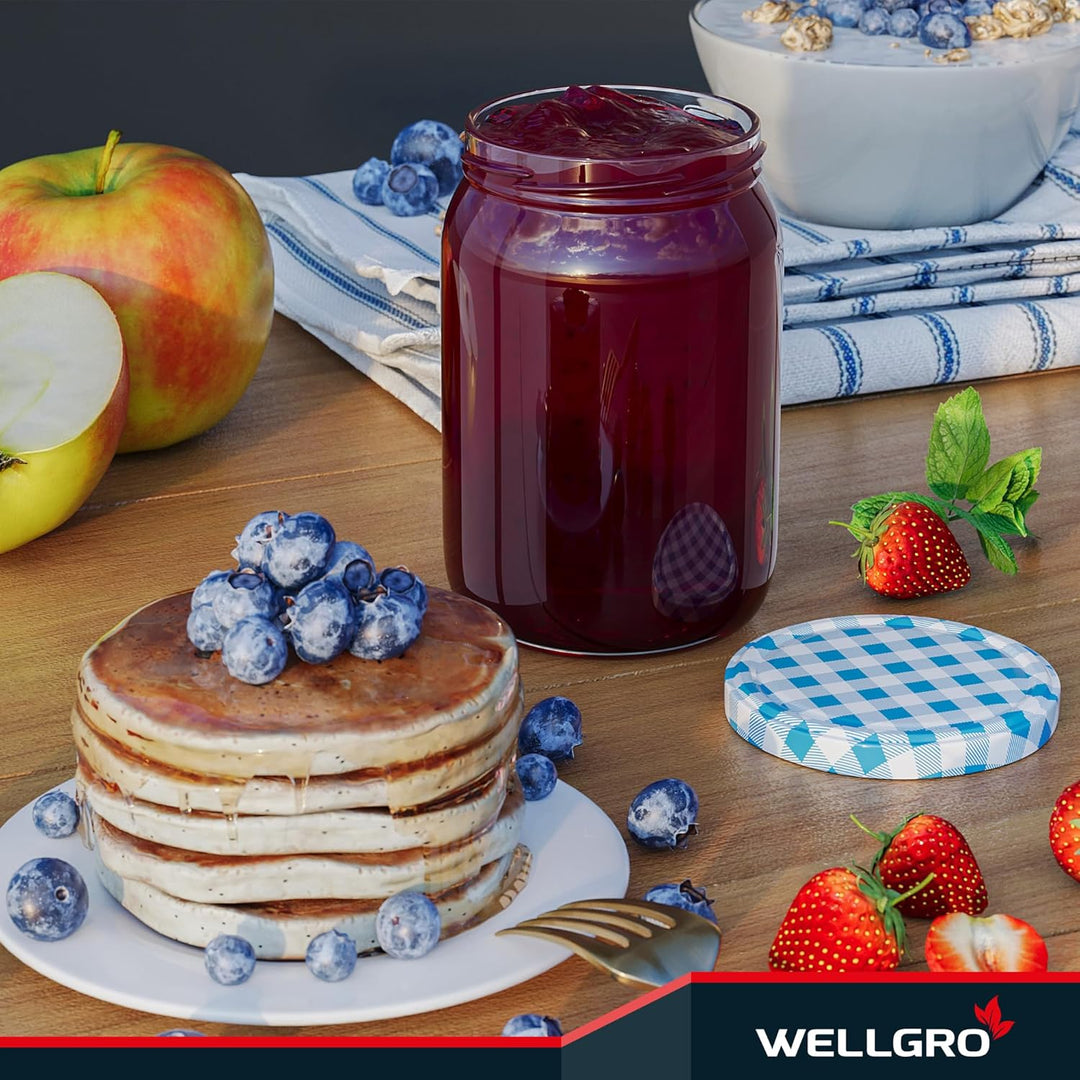 WELLGRO 50x Einmachgläser mit Schraubdeckel - 550ml - Deckel To 82 blau kariert - Made in Germany -