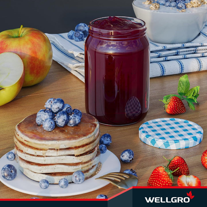 WELLGRO 50x Einmachgläser mit Schraubdeckel - 550ml - Deckel To 82 blau kariert - Made in Germany -
