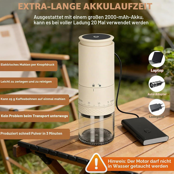 Kaffeemühle Elektrisch, USB Wiederaufladbare Tragbare Kaffemühle, Konische Mühle für Espresso mit LE