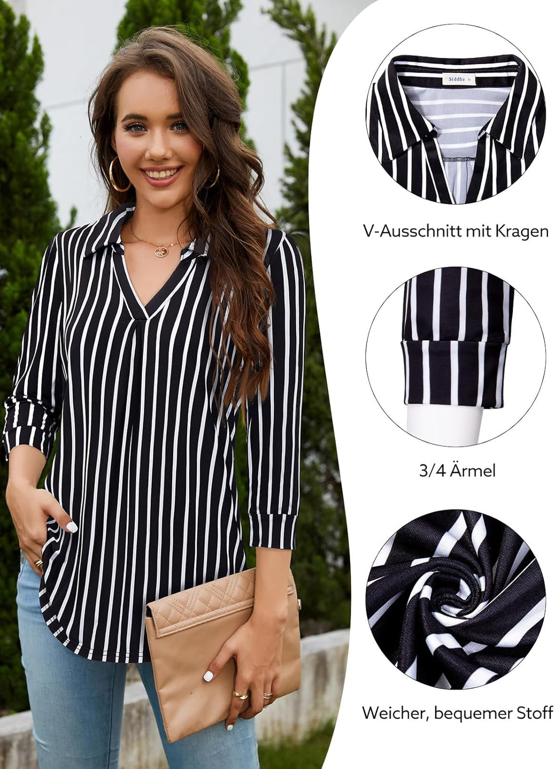 Siddhe Damen V-Ausschnitt Bluse 3/4 Ärmel Oberteile Tunika Tops Locker Longshirt Lässige T-Shirt Lan