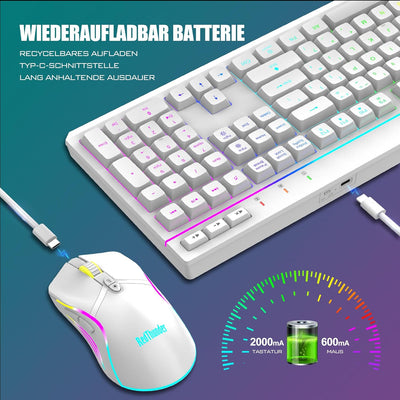 RedThunder K20 Rechargeable Kabelloses Tastatur und Maus Set, QWERTZ DE Layout, RGB Hintergrundbeleu