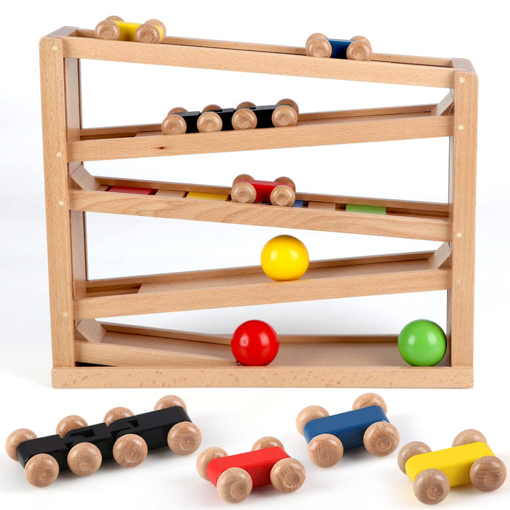 Jacootoys Holzautorampe Kugelbahn Spiel Rennstrecke 5 Schichten Racer Spielzeug Set 4 Autos 3 Bälle