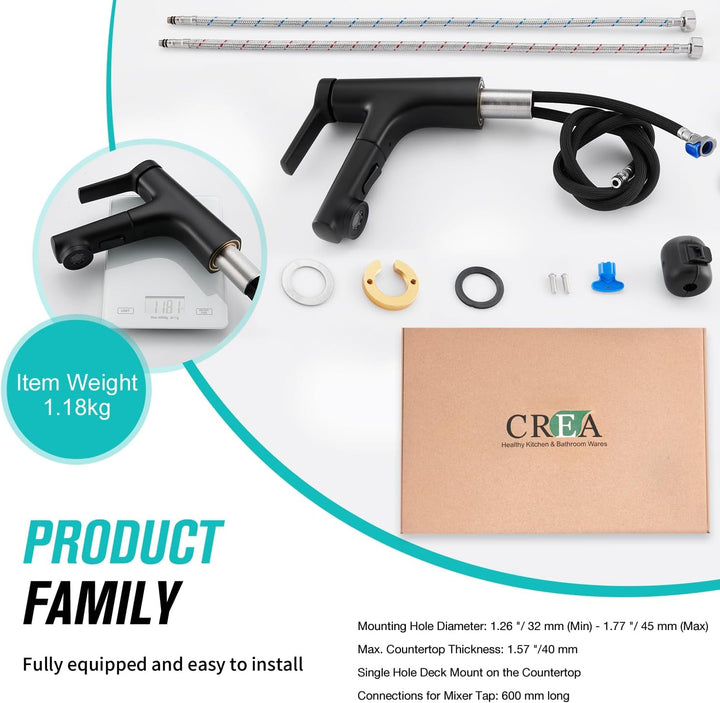 CREA Modern Waschtischarmatur Badezimmer mit 2 Wasserstrahlarten Brause ausziehbar, Einhebelmischer