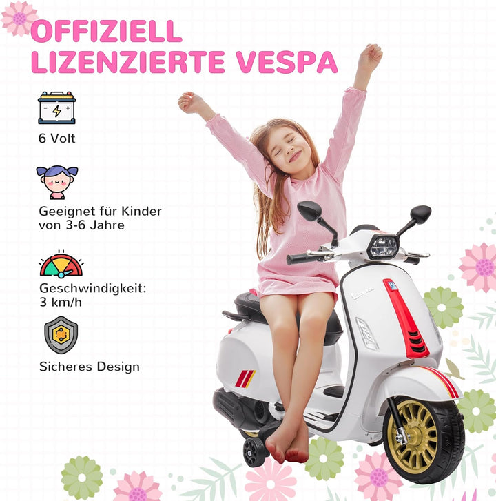 AIYAPLAY Elektro Kindermotorrad, Vespa 6V Elektromotorrad mit MP3, USB, FM-Radio, LED-Scheinwerfer,