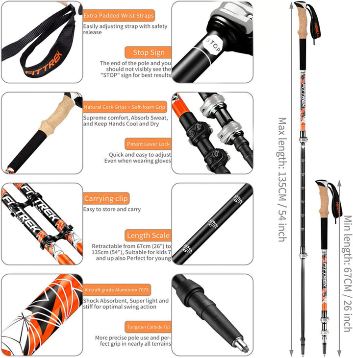 FitTrek Wanderstöcke Kork - Trekkingstöcke - Walking Stöcke Teleskop Verstellbar Leicht für Damen, H