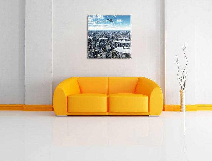 Ufo´s über der Stadt, Format: 70x70 auf Leinwand, XXL riesige Bilder fertig gerahmt mit Keilrahmen,