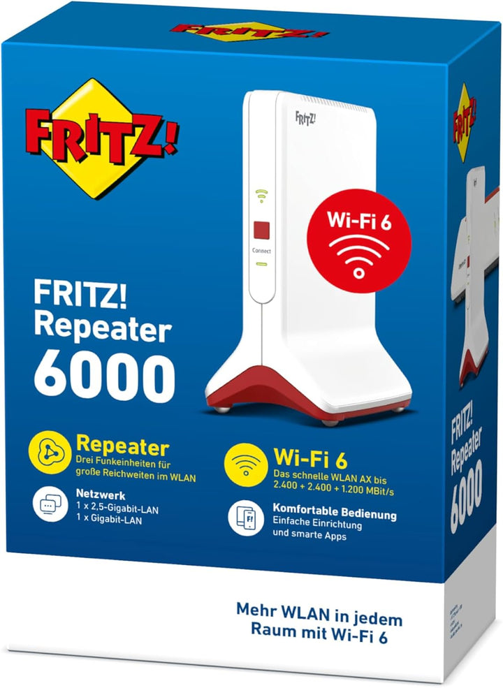 AVM FRITZ!Repeater 6000 (WiFi 6 Repeater mit drei Funkeinheiten: 5 GHz (2 x bis zu 2.400 MBit/s), 2,