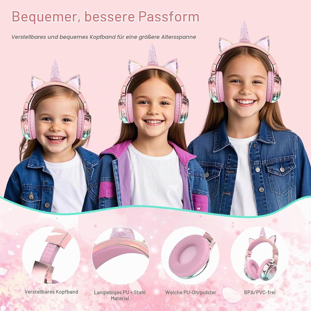 JYPS Bluetooth Kopfhörer Kinder, Metallisch Kabellose Kopfhörer Kinder rosa Einhorn, rosa Einhorn