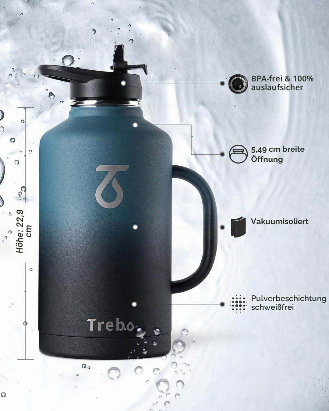 Trebo Isolierte Wasserflasche mit Griff, 1,8 l, Edelstahl, Metall, grosser Krug, Reiseflasche mit St