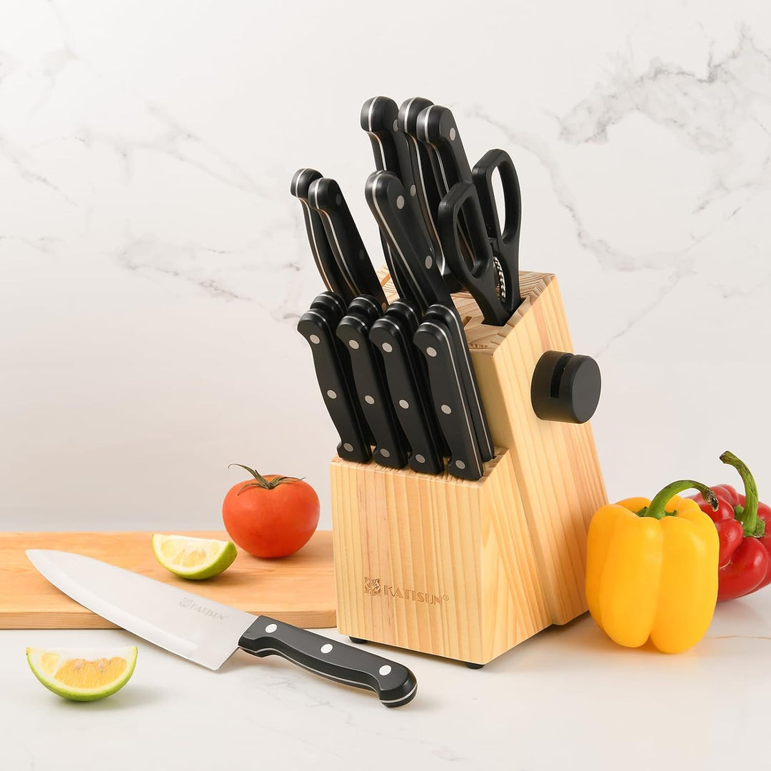 KATISUN Messerset, Messerblockset 19 Stück, Edelstahl Kochmesser Set mit Holzblock，Profi Küchenmesse
