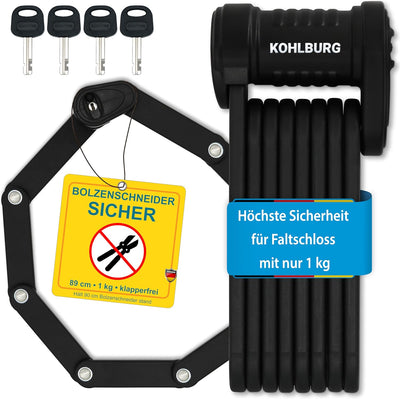 KOHLBURG Sicherheits- Faltschloss - sehr sicheres Fahrradschloss 89cm - Gliederschloss aus gehärtete
