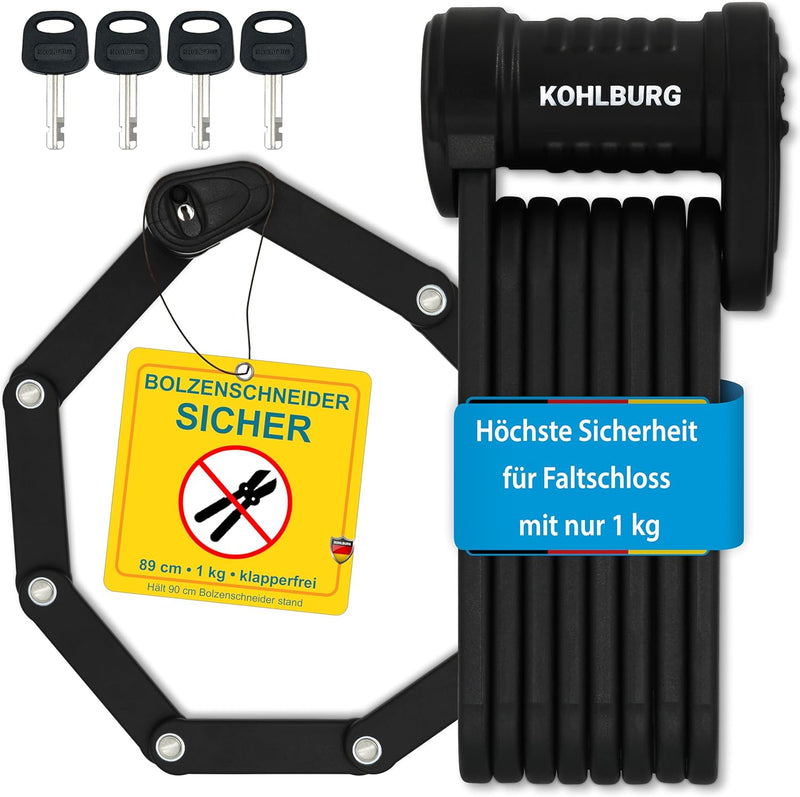 KOHLBURG Sicherheits- Faltschloss - sehr sicheres Fahrradschloss 89cm - Gliederschloss aus gehärtete