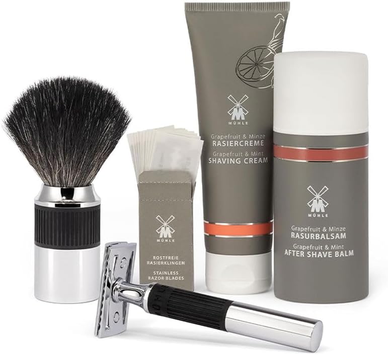 MÜHLE NEO Bundle - 4 tlg. Set – Rasierhobel verchromt, Klingen, Creme, After Shave - geschlossener K