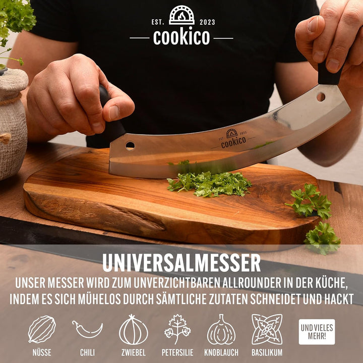 Pizzaschneider 30cm gross mit ergonomischen Handgriffen & Klingenschutz – Profi Wiegemesser für Pizz