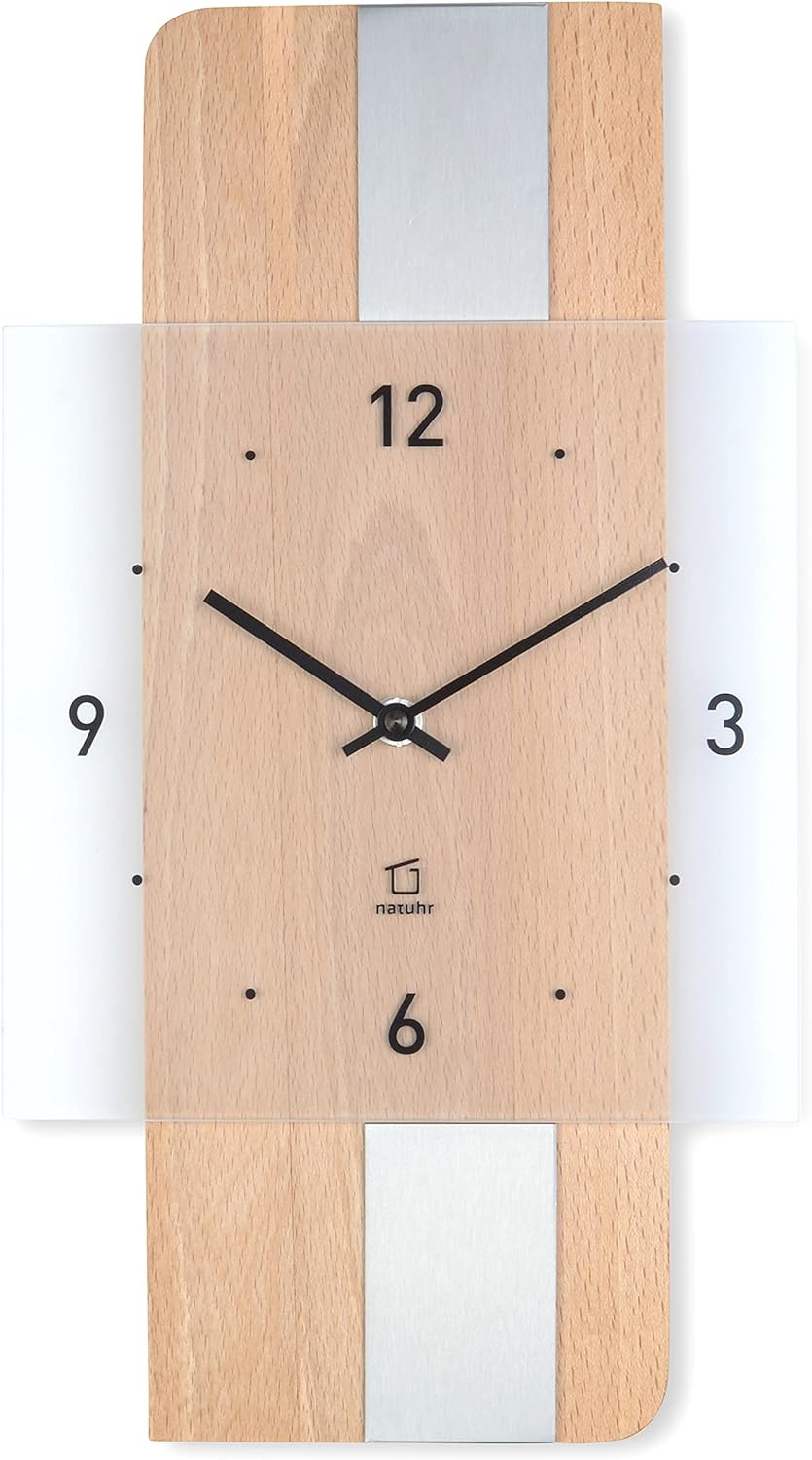 Natuhr Holz Metall Glas Wanduhr - Fusion - präzises Funk-Uhrwerk plastikfrei verpackt (Buche geölt/E