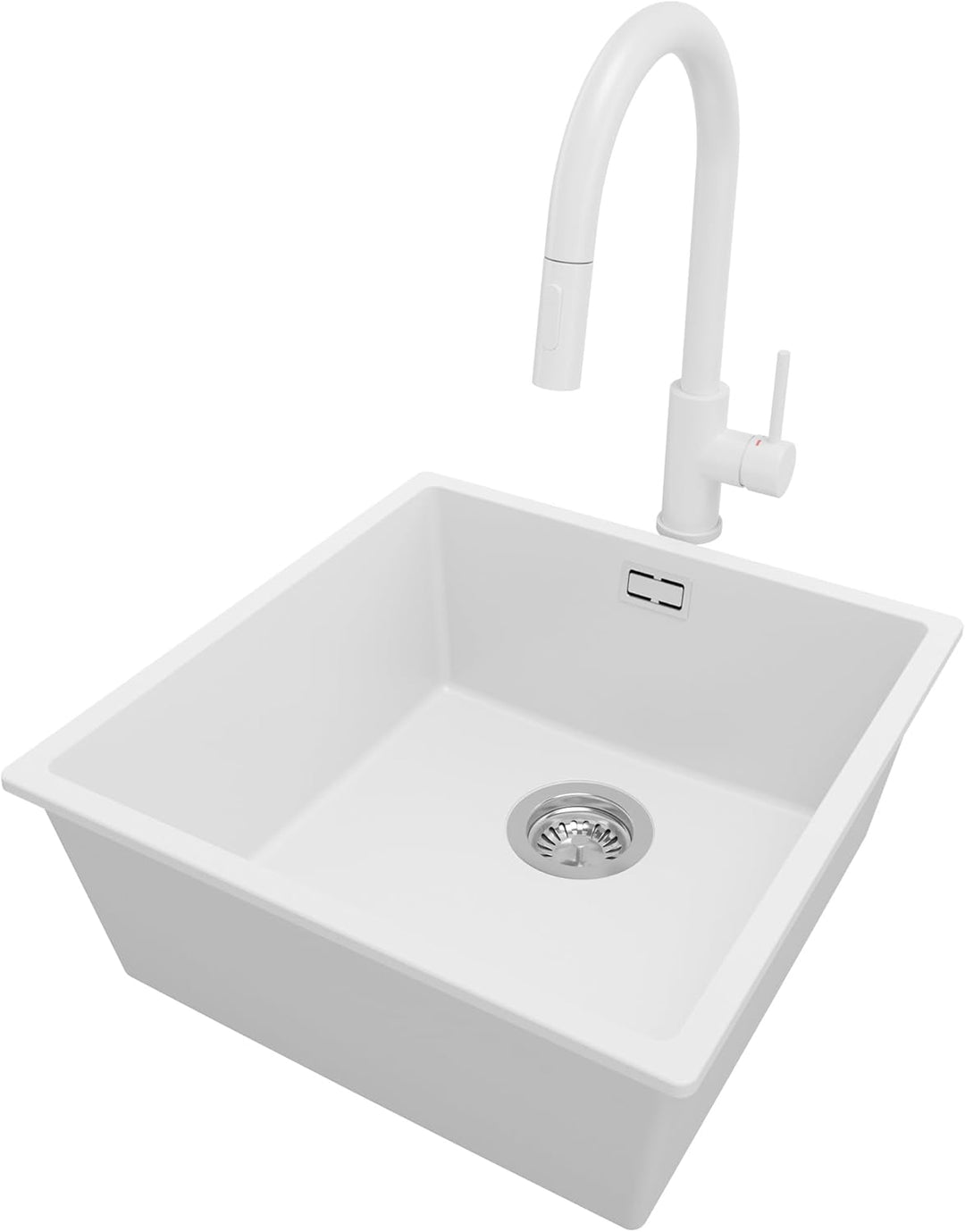 Spülbecken Weiss 46 x 47 cm, Granitspüle 1 Becken + Ablauf-Set + Küchenarmatur, Einbauspüle ab 50er