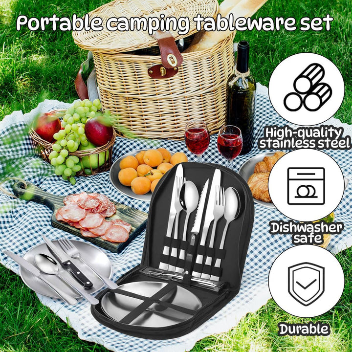 Camping Geschirr Set, Camping Besteck Edelstahl Inklusive Bestecktasche Edelstahl-Gabeln, Messer und