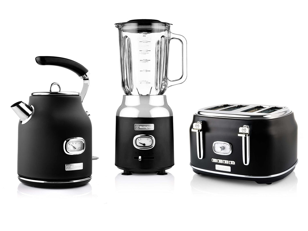 Westinghouse Retroline Frühstück-Set Schwarz, Toaster, Standmixer & Wasserkocher, 1.7 Liter, Kalkfil