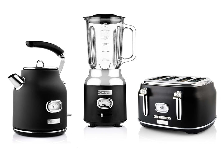 Westinghouse Retroline Frühstück-Set Schwarz, Toaster, Standmixer & Wasserkocher, 1.7 Liter, Kalkfil