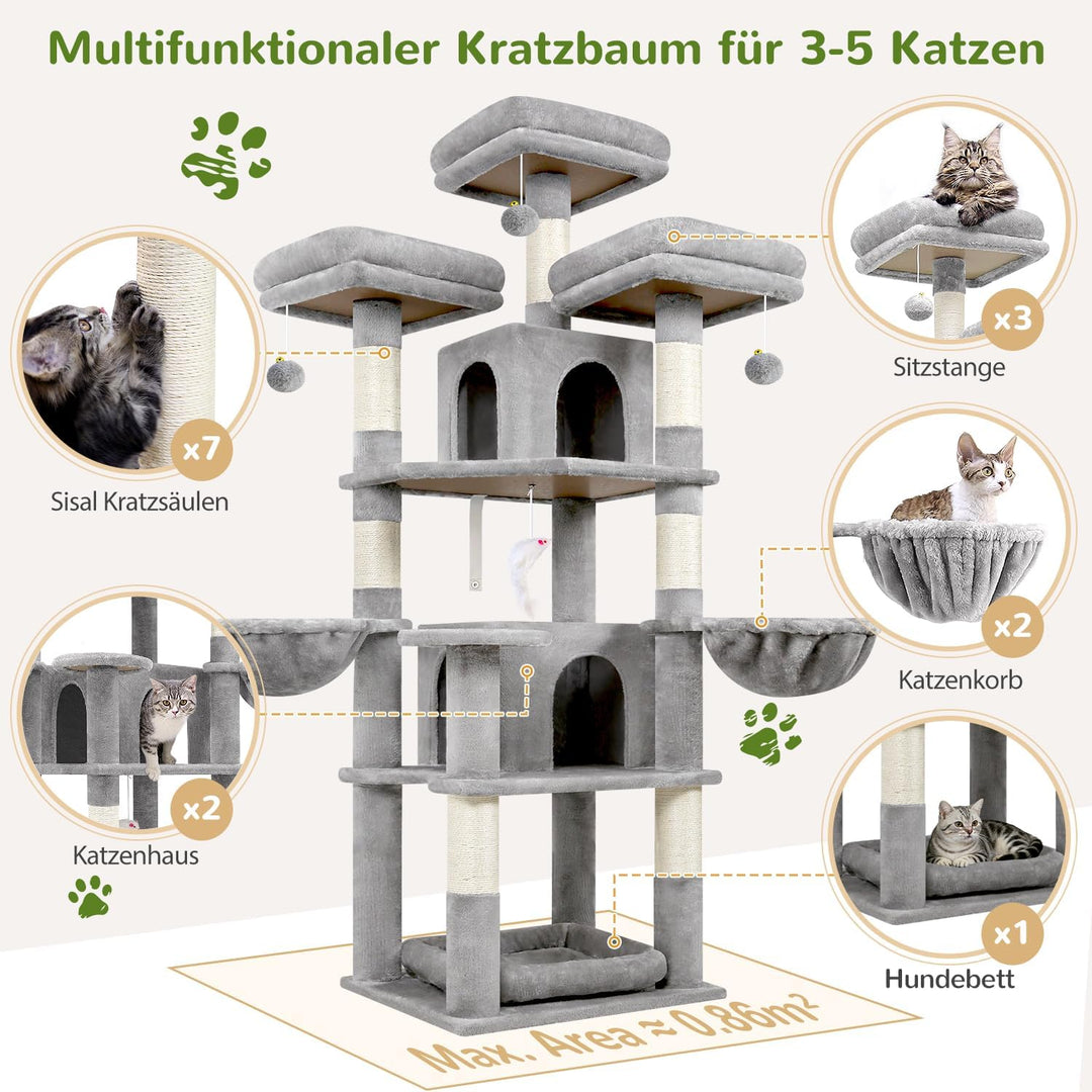 Globlazer Kratzbaum Stabil 174 cm mit 3 Gepolsterte Sitzstangen, 2 Katzenhaus, 2 Korb, Abnehmbares H