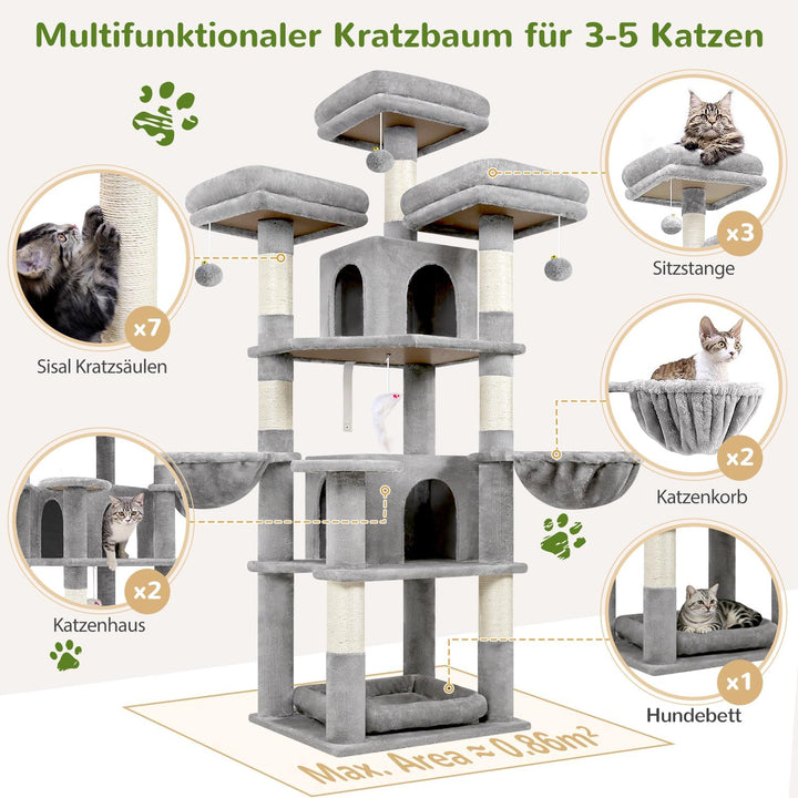 Globlazer Kratzbaum Stabil 174 cm mit 3 Gepolsterte Sitzstangen, 2 Katzenhaus, 2 Korb, Abnehmbares H
